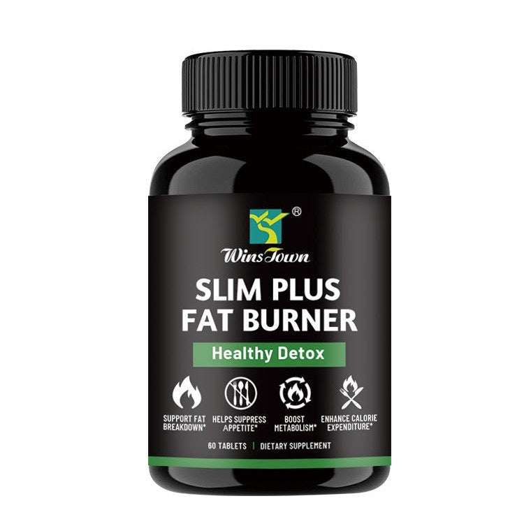 Supplement bottle for Slim Plus Fat Burner in black with a green label, white lettering and a ribbed black cap
