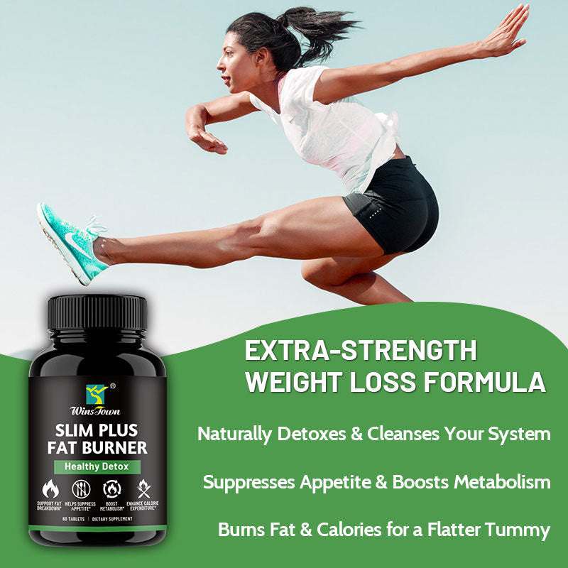 Slim Plus Fat Burner black supplement bottle with a green label, shown beneath a running woman and weight loss claims