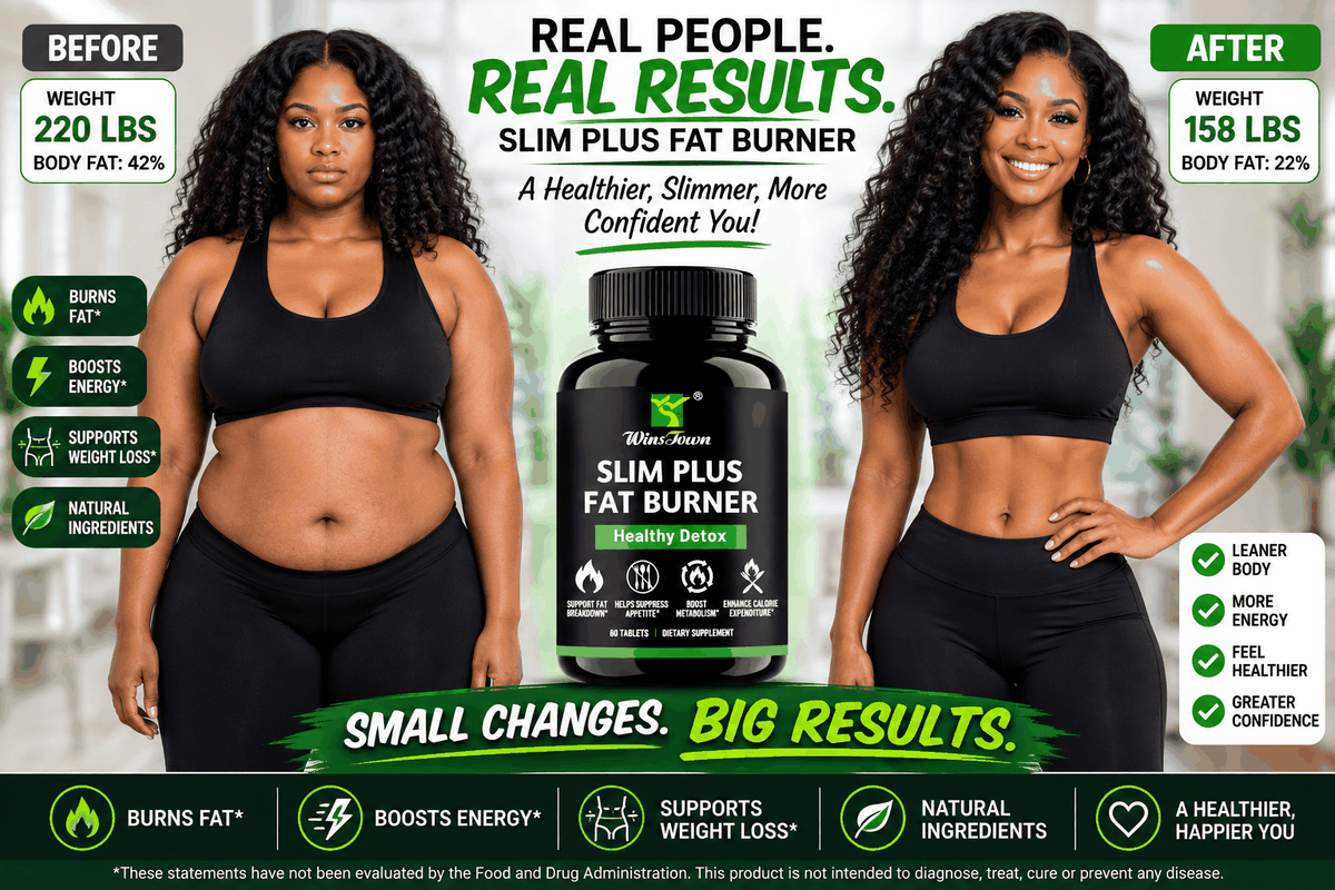 Slim Plus Fat Burner bottle with black packaging, green accents and bold white lettering between before-and-after fitness figures