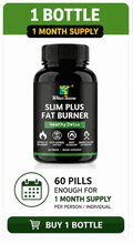 Slim Plus Fat Burner dietary supplement in a black bottle with a green label, shown as a 60-pill, one-month supply