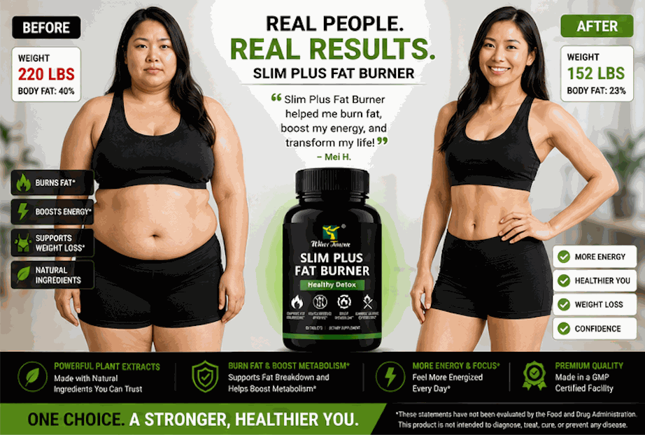 Slim Plus Fat Burner black supplement bottle with green label, shown beside before-and-after fitness results graphics