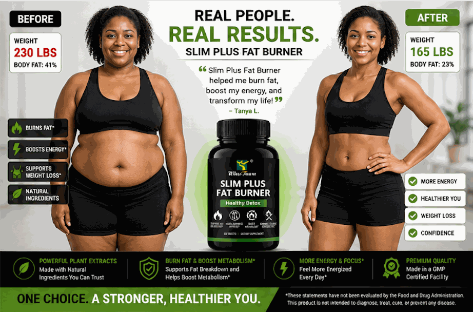 Slim Plus Fat Burner supplement bottle with black packaging and green accents, shown alongside before-and-after weight loss results