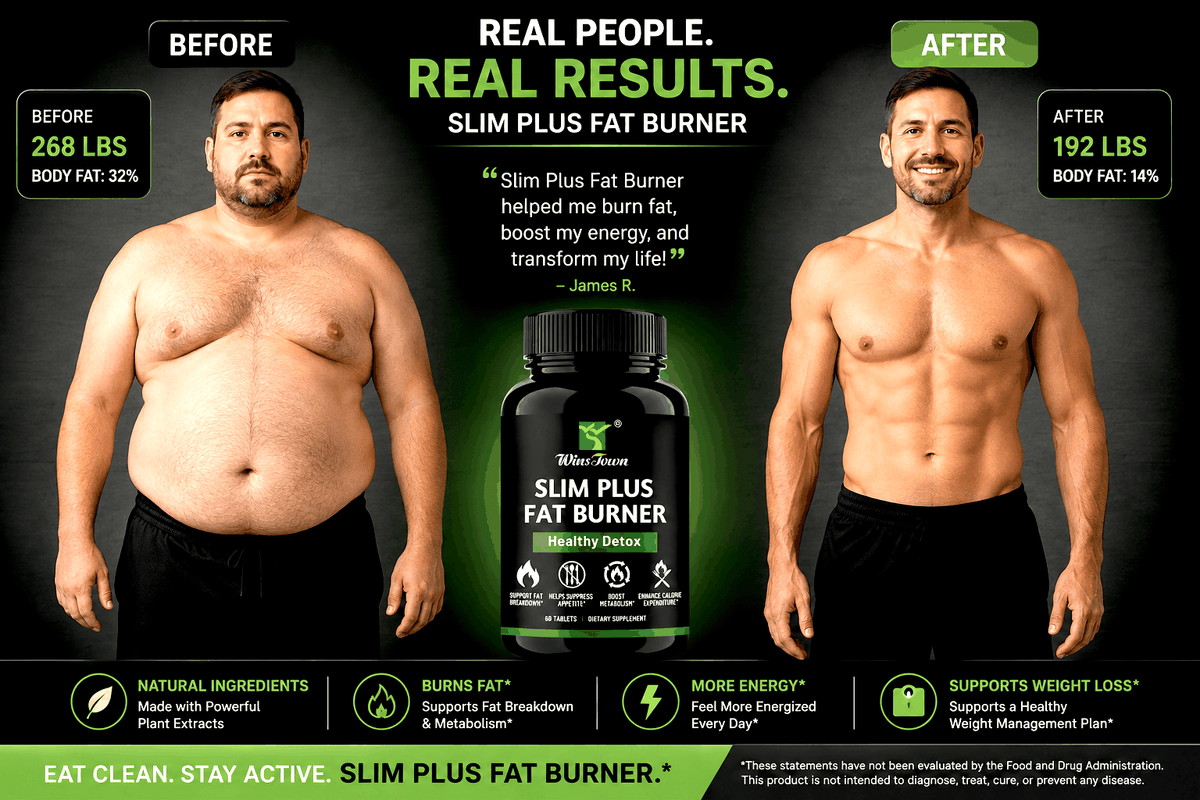 Slim Plus Fat Burner black supplement bottle beside a before-and-after transformation graphic with weight and body fat results