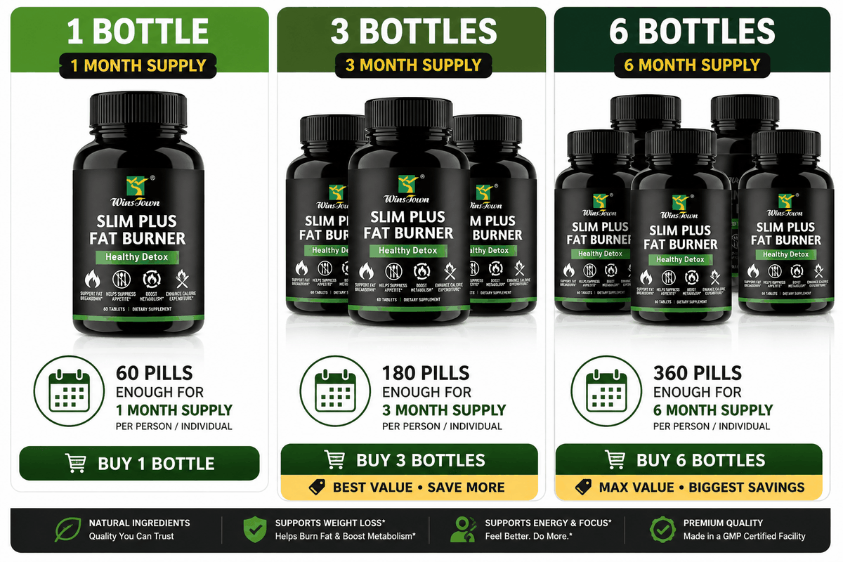Slim Plus Fat Burner supplement bottles in black packaging, with green labels and one-, three-, and six-bottle supply options