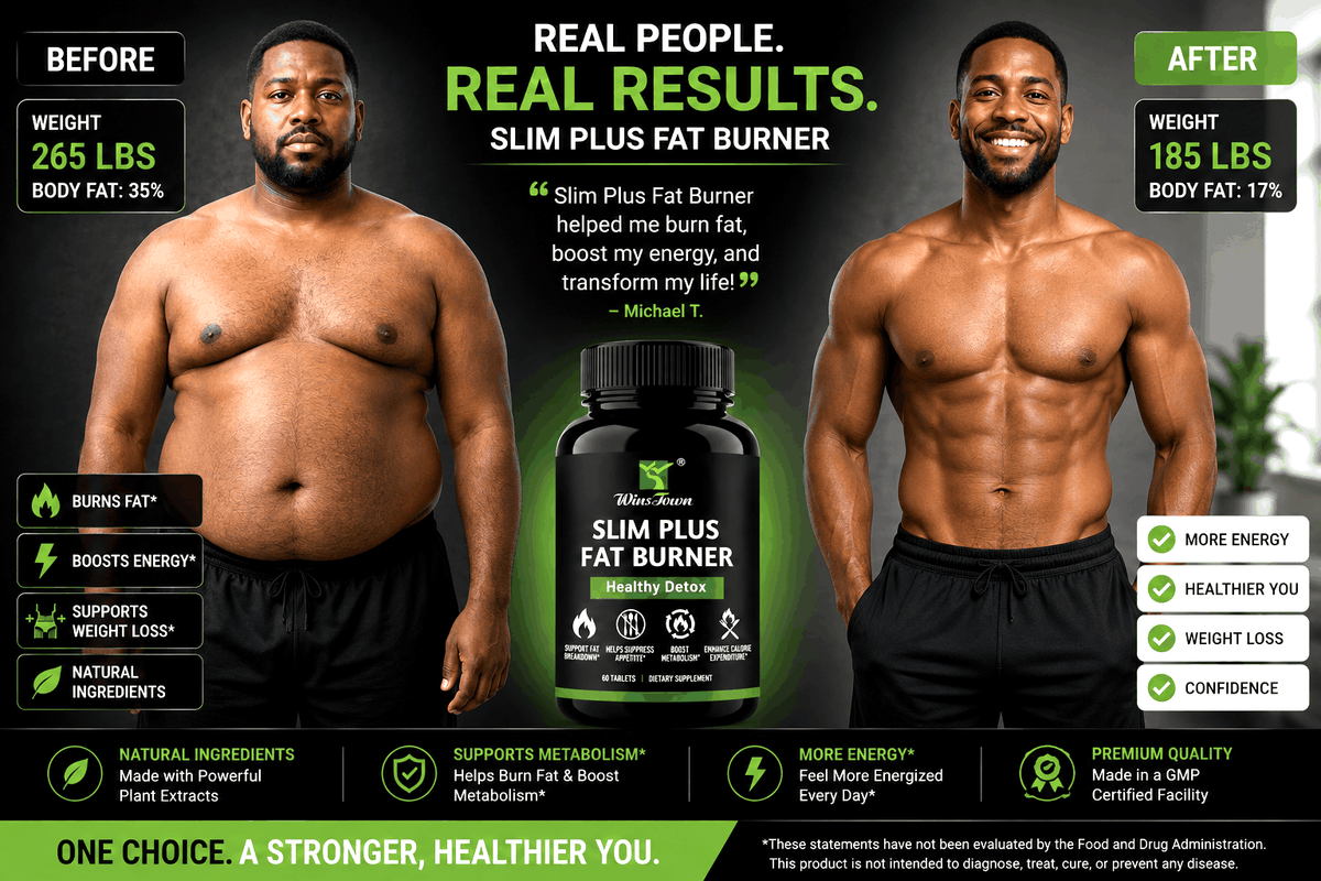 Slim Plus Fat Burner black and green supplement bottle displayed beside before-and-after body transformation results