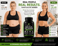 Slim Plus Fat Burner supplement bottle with a black and green label, shown beside before-and-after results graphics and capsules.