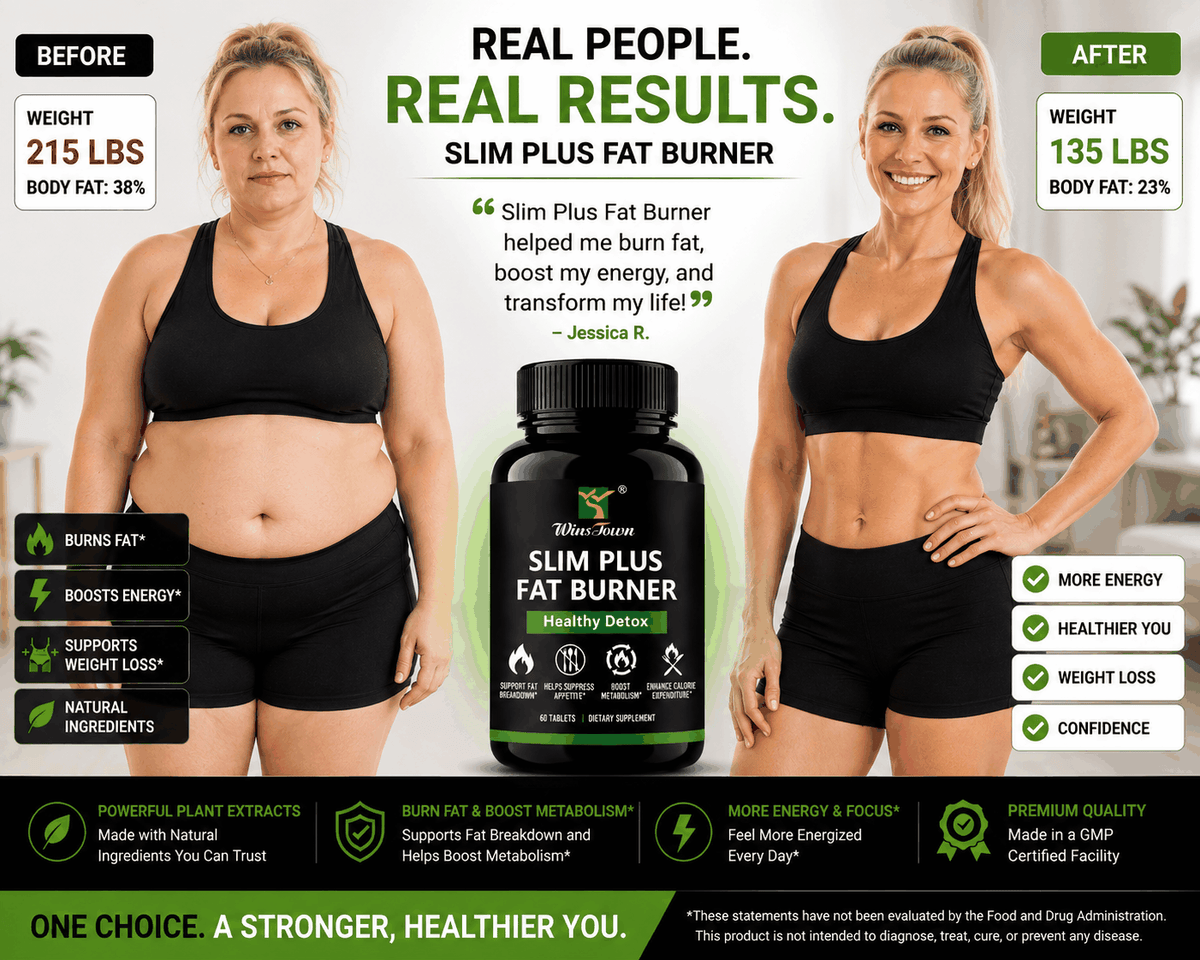 Slim Plus Fat Burner supplement bottle with a black and green label, shown beside before-and-after results graphics and capsules.