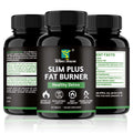 Slim Plus Fat Burner black supplement bottles with ribbed caps, green label accents and white product lettering