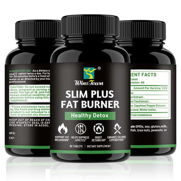 Slim Plus Fat Burner black supplement bottles with ribbed caps, green label accents and white product lettering
