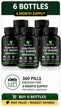 Slim Plus Fat Burner supplement bottles in black with green labels, shown in a six-bottle, six-month supply pack