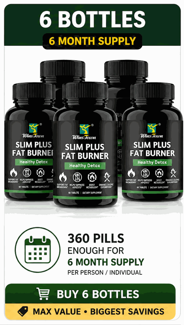 Slim Plus Fat Burner supplement bottles in black with green labels, shown in a six-bottle, six-month supply pack