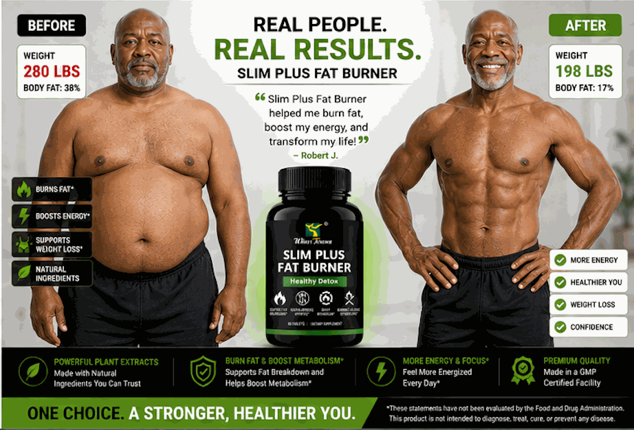 Slim Plus Fat Burner supplement bottle displayed between before-and-after body transformation panels, with weight loss claims and green accents