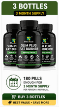 Slim Plus Fat Burner supplement bottles in black packaging with green labels, showing a three-bottle, 180-pill supply