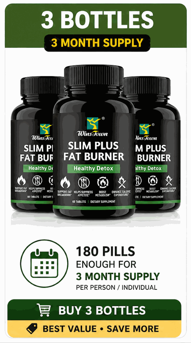 Slim Plus Fat Burner supplement bottles in black packaging with green labels, showing a three-bottle, 180-pill supply