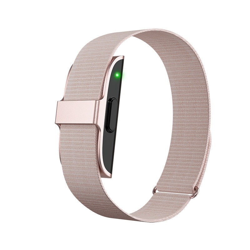 Smart Bracelet with Heart Rate monitoring, blush pink silicone band and silver-toned case, shown beside a sleep tracking app on a phone.