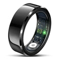 Smart Health Ring in glossy black with a smooth metallic outer band and visible inner circuit board and sensor