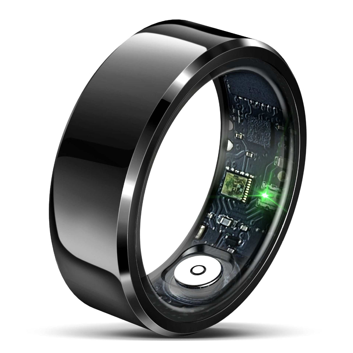 Smart Health Ring in glossy black with a smooth wide metal band and exposed inner sensors and circuitry