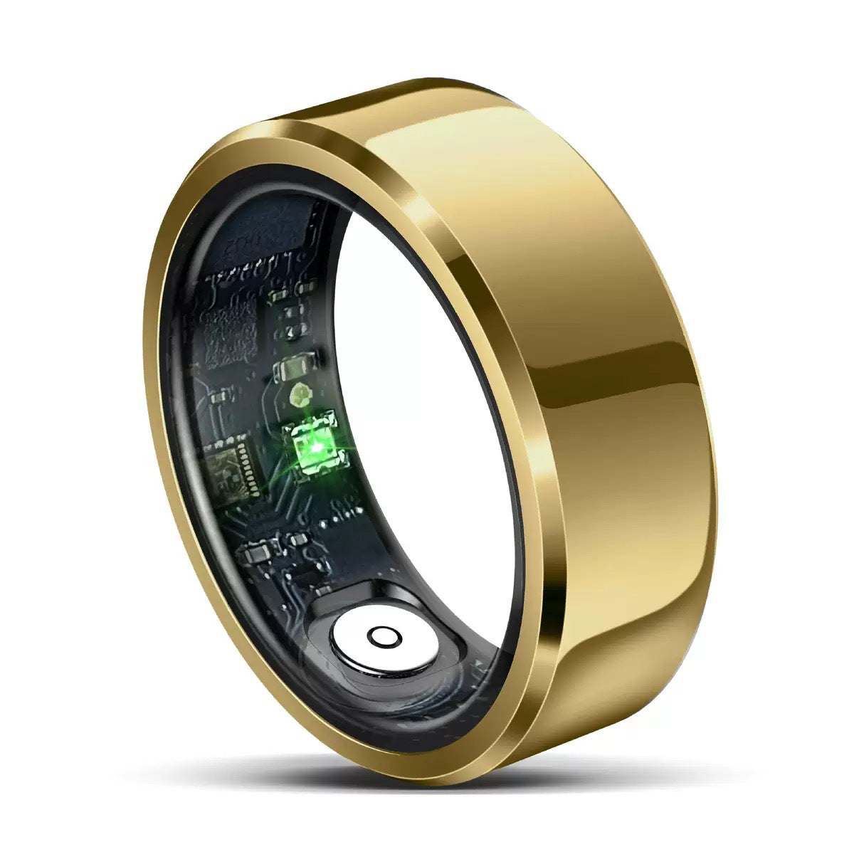 Smart Health Ring with a polished gold-colored metal band and visible inner electronic sensors, including a green sensor light.