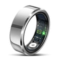 Smart Health Ring in polished silver metal with a wide smooth band and exposed inner sensors and circuitry