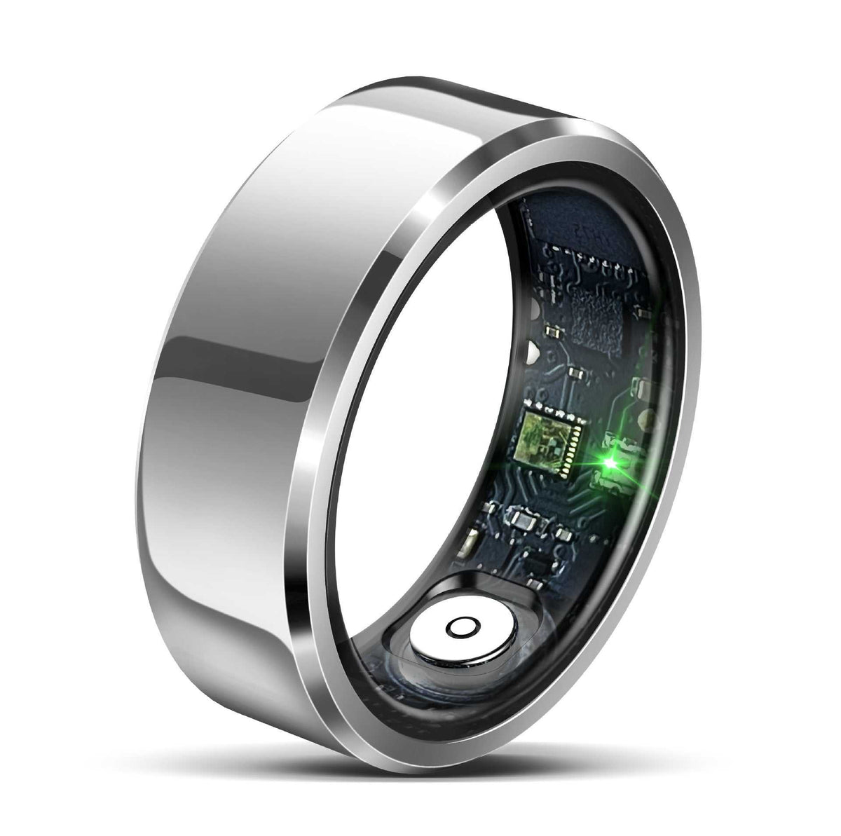 Smart Health Ring in polished silver metal with a wide smooth band and exposed inner sensors and circuitry