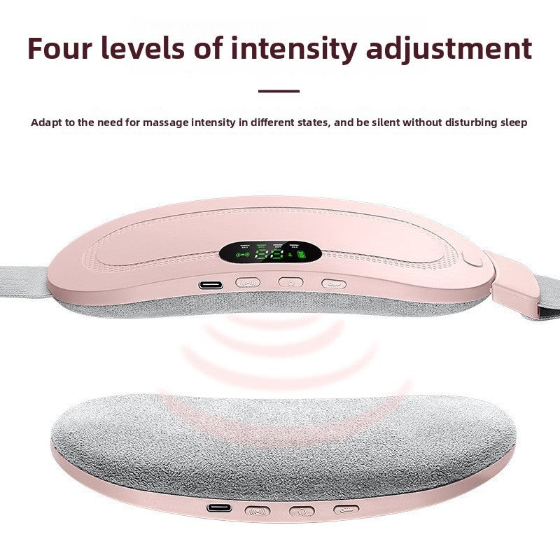 Smart Heating Belt for Pain Relief in pink fabric with gray adjustable strap and central digital temperature display.