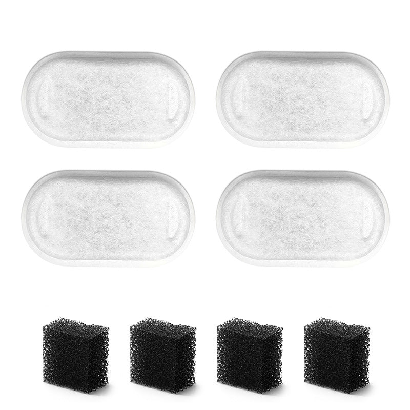 Smart Pet Water Fountain replacement filters with four white oval filter pads and four black foam sponge blocks