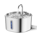 Smart Pet Water Fountain with a polished silver stainless steel body, arched spout, flowing water, and blue level window