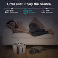Smart Pet Water Fountain in silver stainless steel with flowing water and a blue water-level window, beside a cat