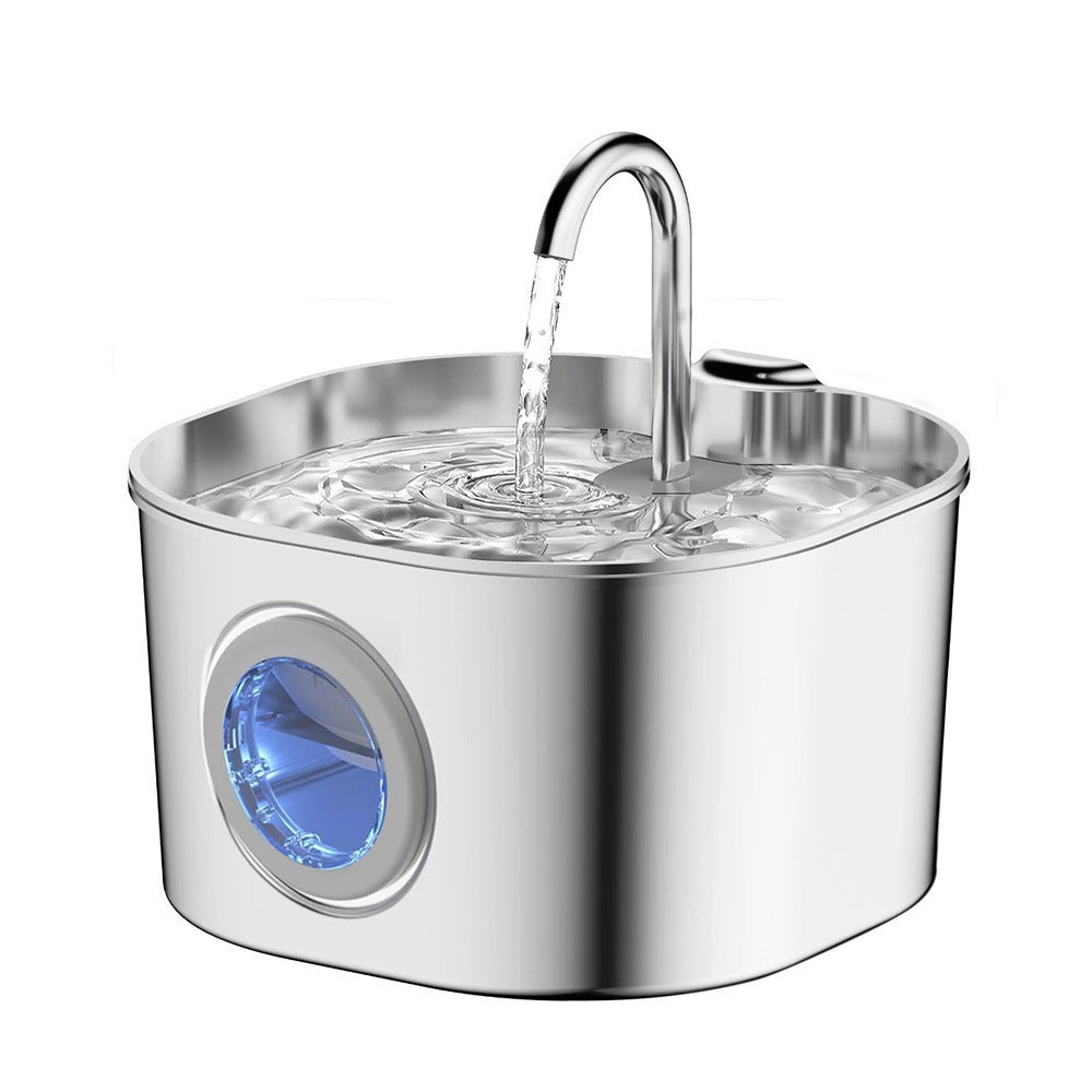 Smart Pet Water Fountain in polished silver stainless steel, with flowing spout and a round blue-lit water level window