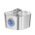 Smart Pet Water Fountain in polished silver stainless steel, with a blue-lit circular water-level window and bubbling spout