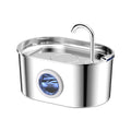 Smart Pet Water Fountain in polished silver stainless steel, with a raised curved spout and blue-lit round water-level window
