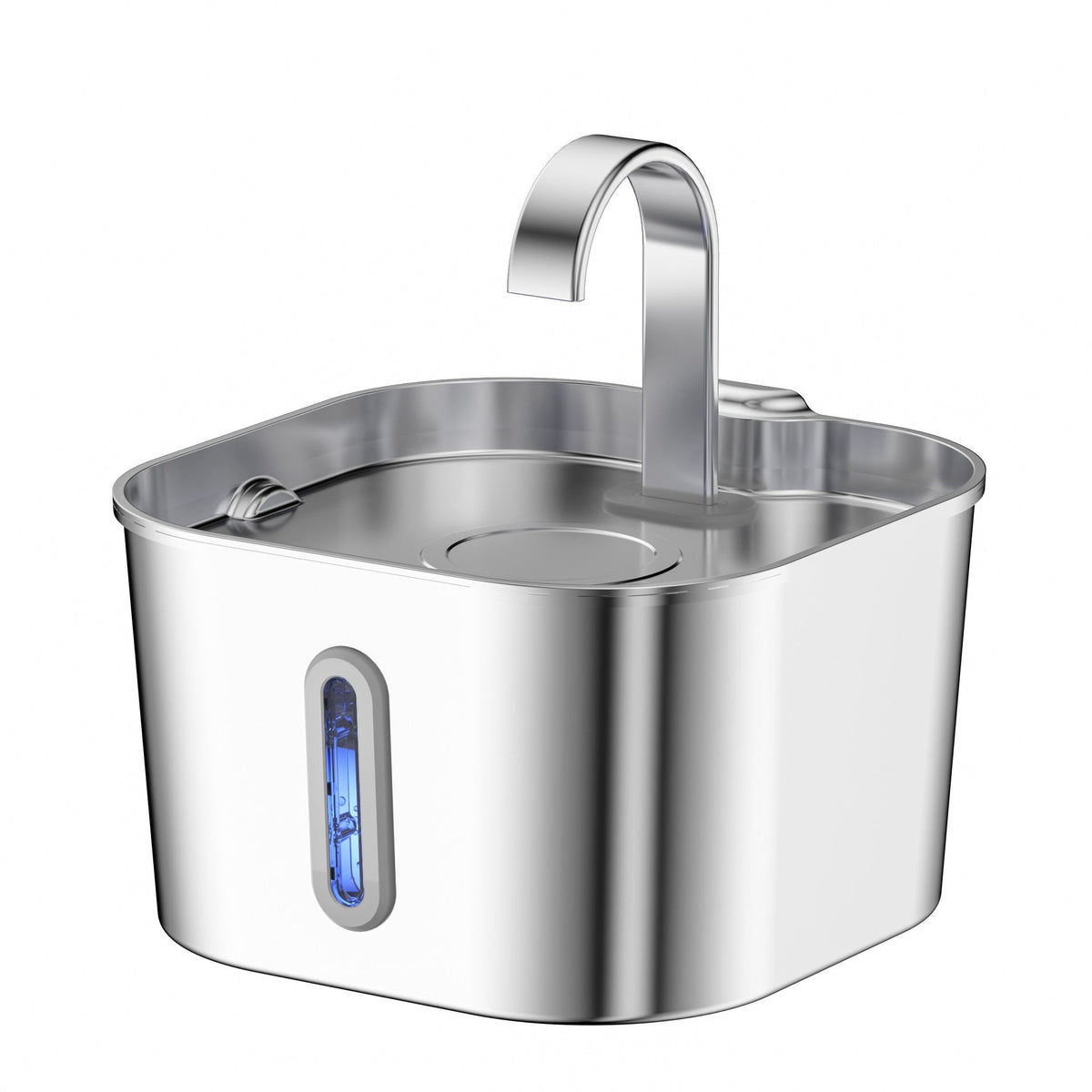 Smart Pet Water Fountain with a polished stainless steel basin, arched spout, and blue-lit vertical water level window