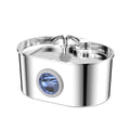 Smart Pet Water Fountain in polished stainless steel with a rounded rectangular basin, central spout, and blue water-level window