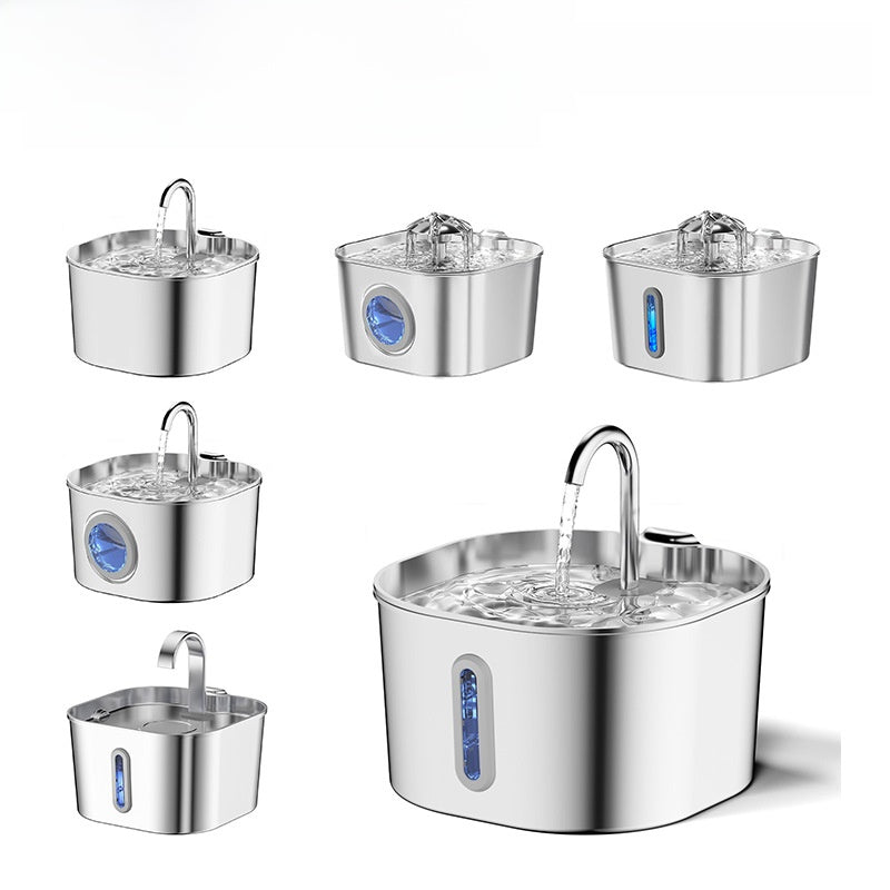 Smart Pet Water Fountain with a rounded stainless steel basin, curved spout, and slim blue water-level window.