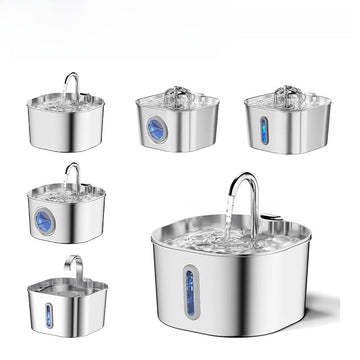 Smart Pet Water Fountain with a rounded stainless steel basin, curved spout, and slim blue water-level window.