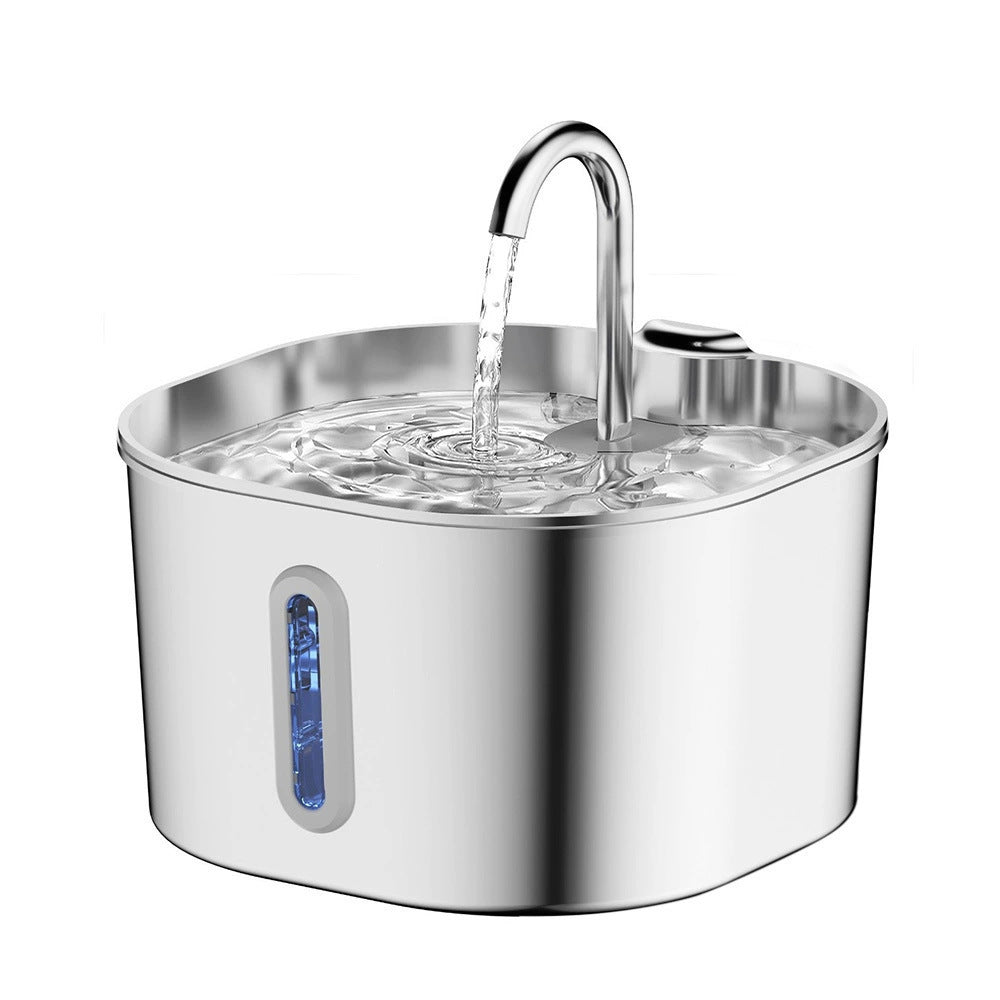 Smart Pet Water Fountain in polished silver stainless steel, with a curved spout, flowing water, and blue level window