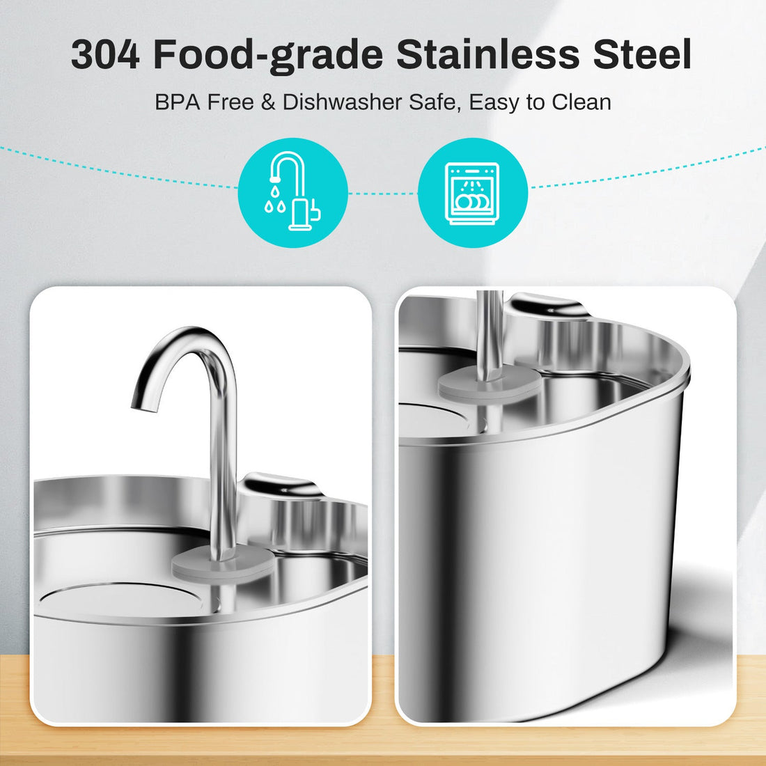 Smart Pet Water Fountain with a rounded stainless steel basin, curved spout, and slim blue water-level window.