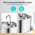 Smart Pet Water Fountain with a polished silver stainless steel body, rounded rectangular shape and tall curved spout