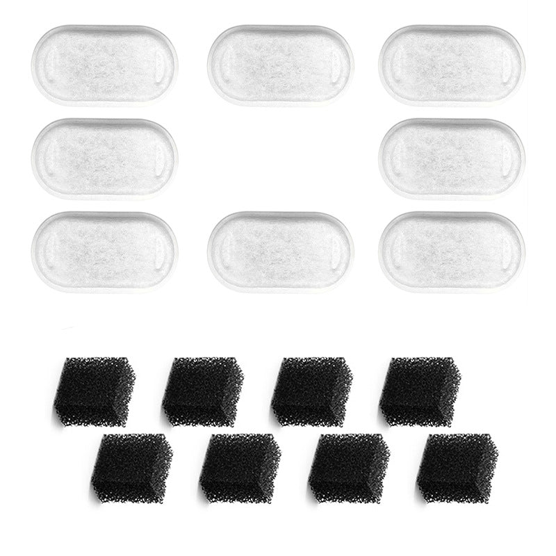 Smart Pet Water Fountain filter refill set with white oval filter pads and black rectangular foam filters for water circulation.