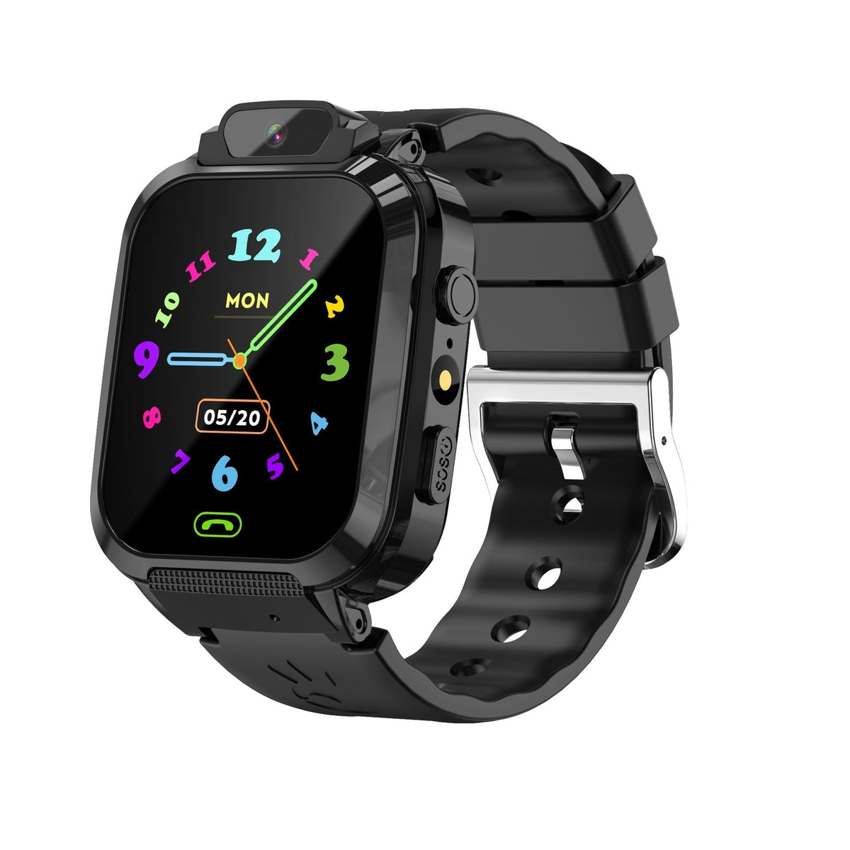 Smart Watch Phone with a black square touchscreen, colorful numbered analog-style face, silicone strap and built-in camera