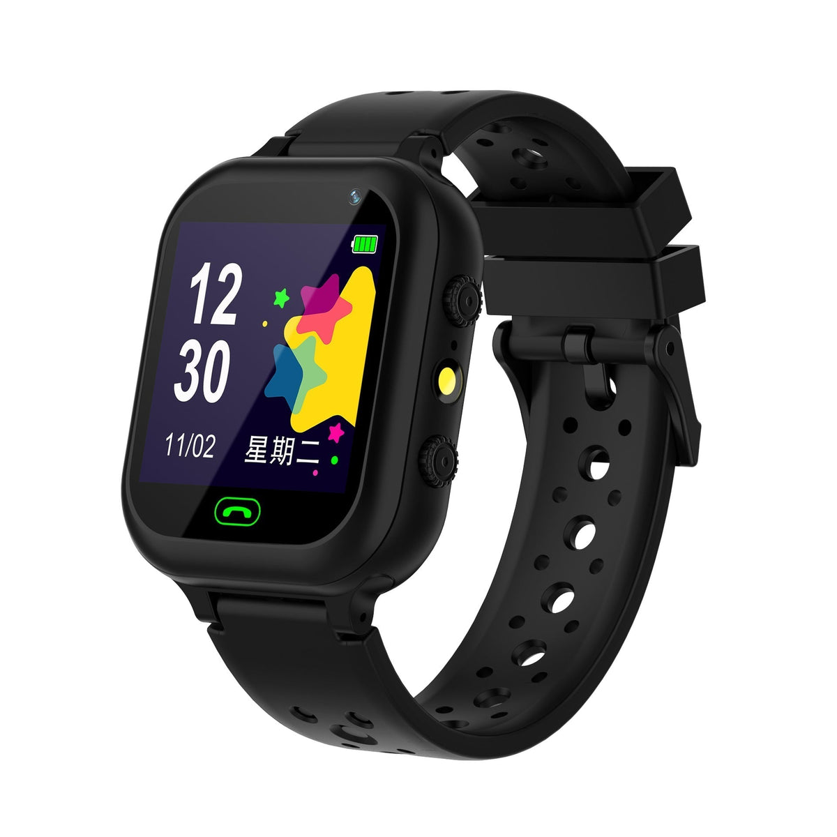Smart Watch Phone with a black square display, colorful star graphics and perforated silicone strap with side buttons