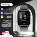 Smart Watch Phone in black with a square digital touchscreen, matching silicone strap, side crown and colorful display