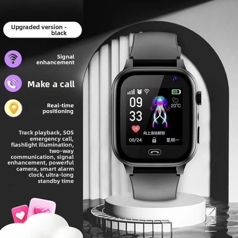 Smart Watch Phone in black with a square digital touchscreen, matching silicone strap, side crown and colorful display