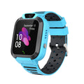 Smart Watch Phone with a bright blue silicone strap, black rectangular touchscreen, front-facing camera and perforated band