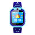Smart Watch Phone for children with a bright blue and purple silicone strap, square digital screen, and front camera