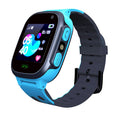 Smart Watch Phone with a bright blue silicone case, black adjustable strap, square digital screen and raised SOS button