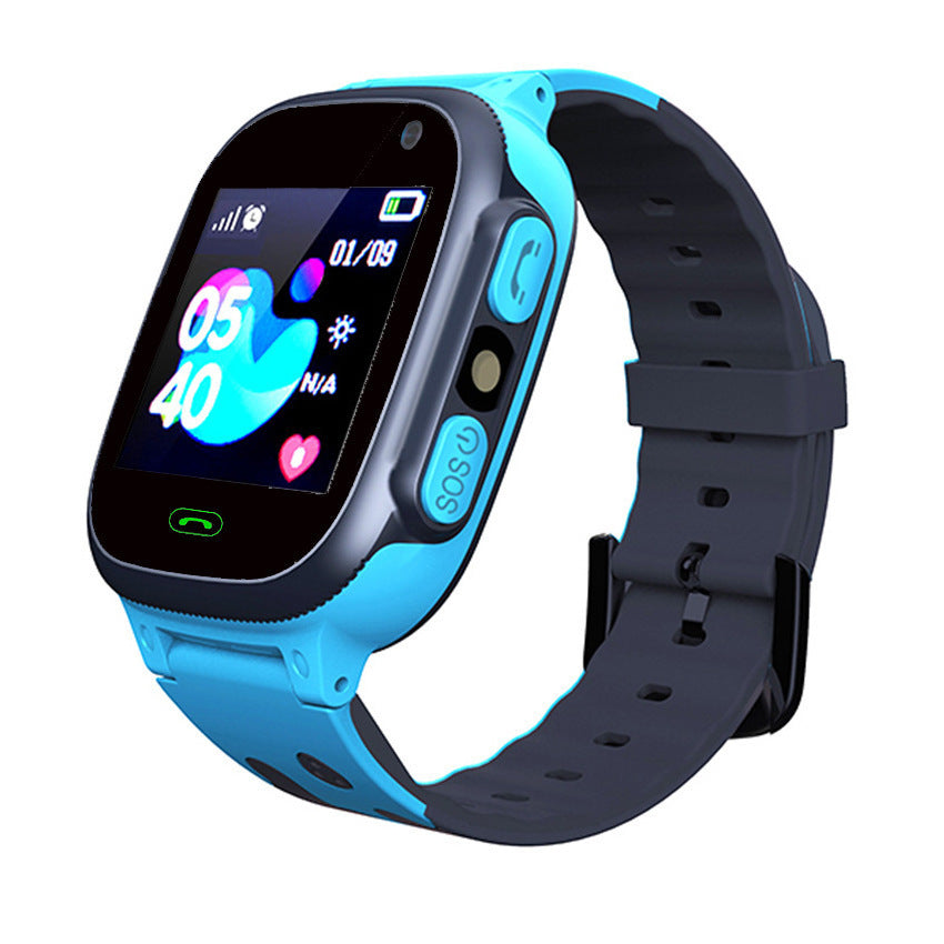 Smart Watch Phone with a bright blue silicone case, black adjustable strap, square digital screen and raised SOS button