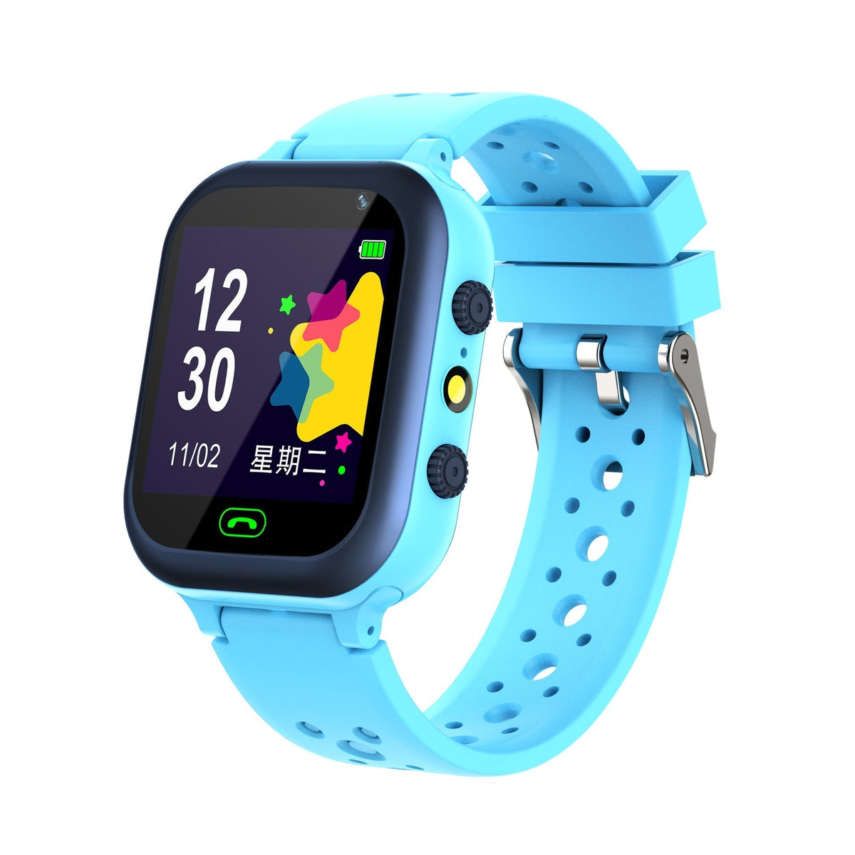 Smart Watch Phone with a bright blue silicone strap, square black digital display, colorful screen graphics, and side buttons