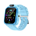 Smart Watch Phone with a bright blue silicone strap, square black digital display, colorful numerals, and a small front camera