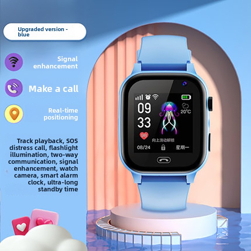 Smart Watch Phone with a blue silicone strap, square black digital touchscreen, side button, and colorful octopus display